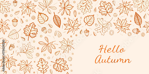 Hello autumn text with hand drawn fall leaves and acorns on a light background