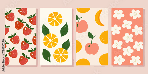 Set of four colorful abstract fruit and flower illustrations in a modern flat design style