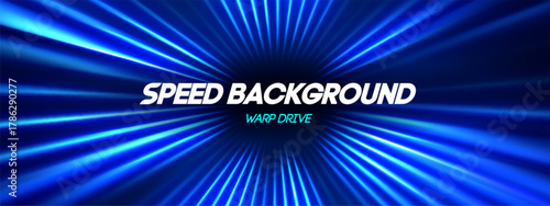 Perspective neon speed effect with fast motion, radial line and light background. Power burst or digital streak. Zoom trail for sport, race or road design.