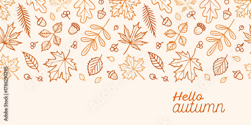 Seamless pattern of hand drawn autumn leaves acorns and berries with hello autumn text