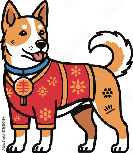 A flat vector illustration of a Shiba Inu-like dog, dressed in a red traditional Chinese sweater with yellow floral patterns and a decorative medallion.