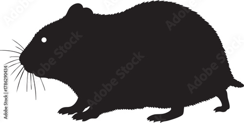 Black rodent silhouette with white eye, a stylized graphic on a white background.