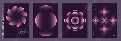 Abstract geometric violet gradient vector poster set with smooth circular shapes and glowing effects — elegant futuristic design for branding, wallpaper, and packaging prints.