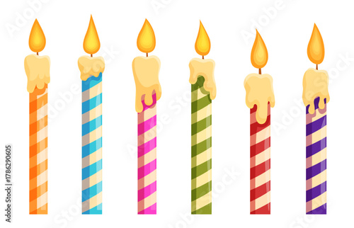 Cartoon burning birthday candles. Vibrant stripes design party candle with fire flames. Melting process, festive cake decoration elements sapid vector set