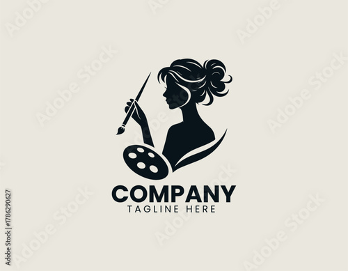 Elegant female artist silhouette vector logo illustration holding paint brush and palette in circular frame. Creative arts concept