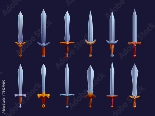 Medieval swords. Cartoon ancient sword game design elements. Knight viking warrior equipment. War iron assets with wooden handles, sapid vector set