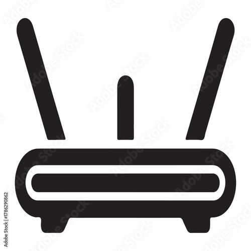 Black router icon with three antennas isolated on white background for wireless connection
