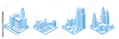 Isometric line city district. Residential and industrial urban districts with houses, apartment buildings, warehouse, skyscrapers. Modern town nifty vector design
