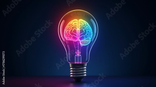 A glowing brain inside of a lightbulb against a dark blue background with colorful lighting