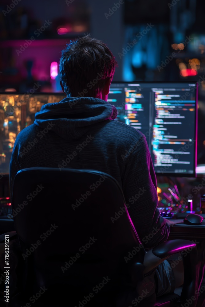 Obraz premium A hacker intensely coding at a neon-lit workstation, showcasing the fusion of creativity and technology in the digital age.