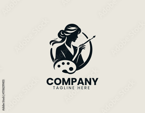 Elegant female artist silhouette vector logo illustration holding paint brush and palette in circular frame. Creative arts concept