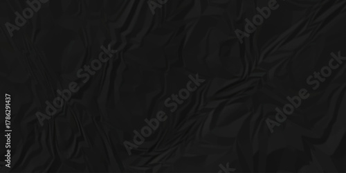 Crumple crushed black paper obsolete rumple craft design. wrinkle ripped creased crumple aged closeup recycled document grunge paper background.	