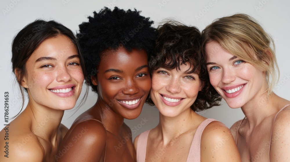 Fototapeta premium Women of Different Backgrounds Sharing Smiles and Confidence Against a Neutral Backdrop in a Lively Moment of Friendship