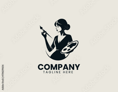 Elegant female artist silhouette vector logo illustration holding paint brush and palette in circular frame. Creative arts concept