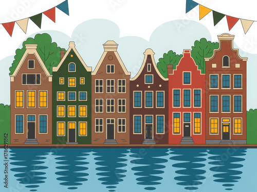 Colorful European canal houses with festive bunting 