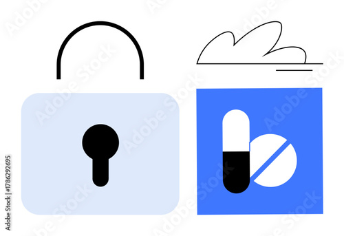 Lock with keyhole, capsule and tablet icon, minimalist cloud accent. Ideal for healthcare, data security, digital safety, medicine, trust protection privacy. Simple flat metaphor