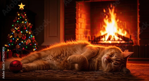 Cozy Orange Cat Napping by Warm Fireplace and Decorated Christmas Tree