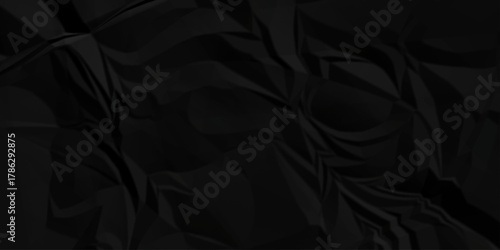 Crumple crushed black paper obsolete rumple craft design. wrinkle ripped creased crumple aged closeup recycled document grunge paper background.	