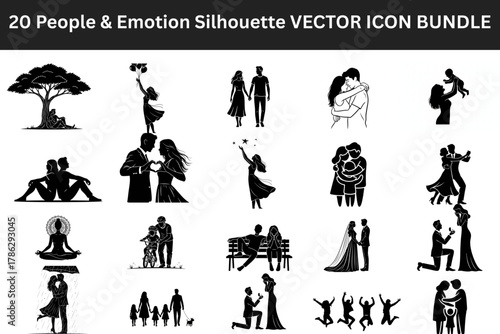 Diverse couple and family silhouette vector icons representing love and emotion