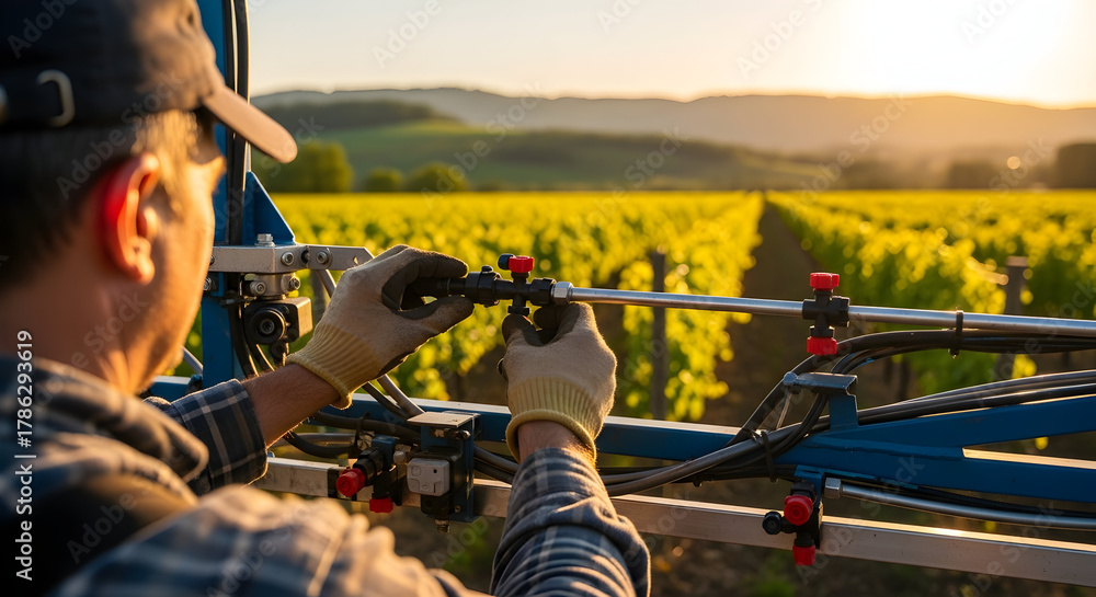 Fototapeta premium Farmer Adjusting Precision Agriculture Equipment in a Vineyard at Sunset with Lush Green Rows of Grapes under Golden Sky