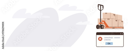 Stack of cardboard boxes on pallet jack beside error message popup window. Ideal for logistics, shipping, supply chain, delivery issue, e-commerce, communication error, warehouse. Simple flat