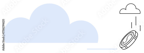 Coin descending from a small cloud beside a larger one, symbolizing digital finance and online storage. Ideal for finance, technology, cloud computing, data storage, innovation, fintech, digital