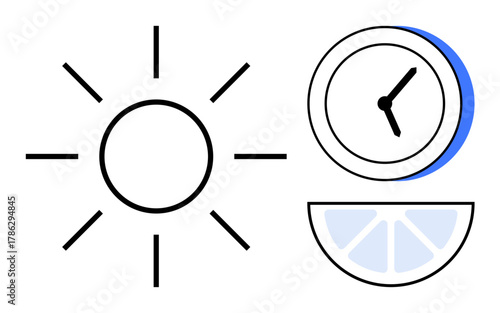Sun radiating light, clock with a bold outline, and lemon slice in simple flat style. Ideal for energy, daily routine, freshness, health, productivity minimalism healthy lifestyle. A simple flat