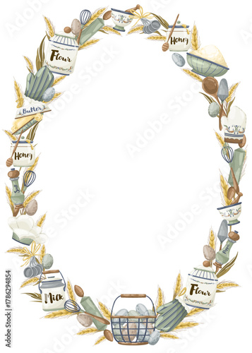 Seamless kitchen pattern border with food ingredient text (Butter, Honey, Flour, Coffee) and watercolor accents (wheat, butter curls)