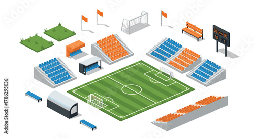 Isometric soccer field with stands and equipment
