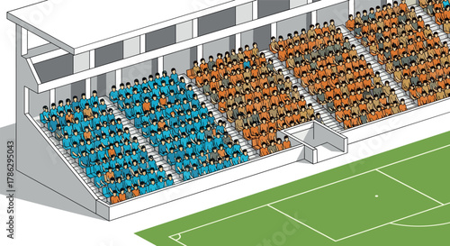 Isometric football stadium crowd in colorful team jerseys