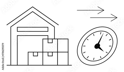 Warehouse building with stacked boxes and a clock indicating quick delivery. Ideal for logistics, shipping, supply chain, e-commerce, efficiency, time management, business operations. Simple flat