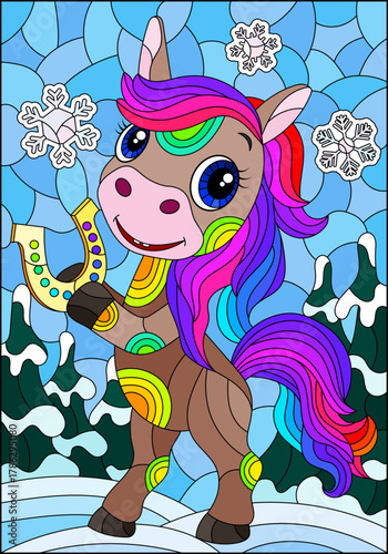 An illustration in the style of a stained glass window with a cute horse on the background of a winter landscape