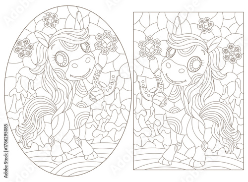 A set of contour illustrations in the style of a stained glass window with cute horses on a winter landscape background