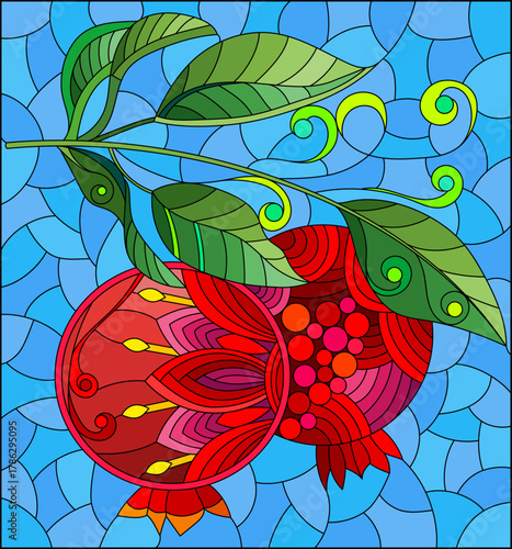An illustration in the style of a stained glass window with a pomegranate branch on a blue background