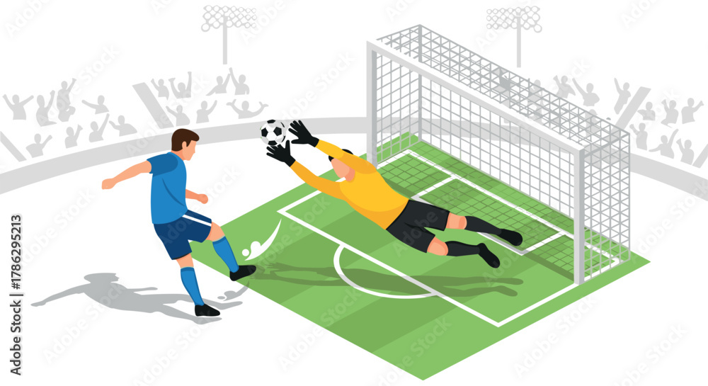 Fototapeta premium Goalkeeper saving penalty kick on soccer field in isometric style with audience in background