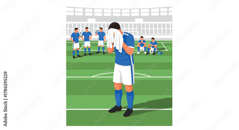 Fototapeta premium Soccer team in defeat on field with disappointed player wiping face