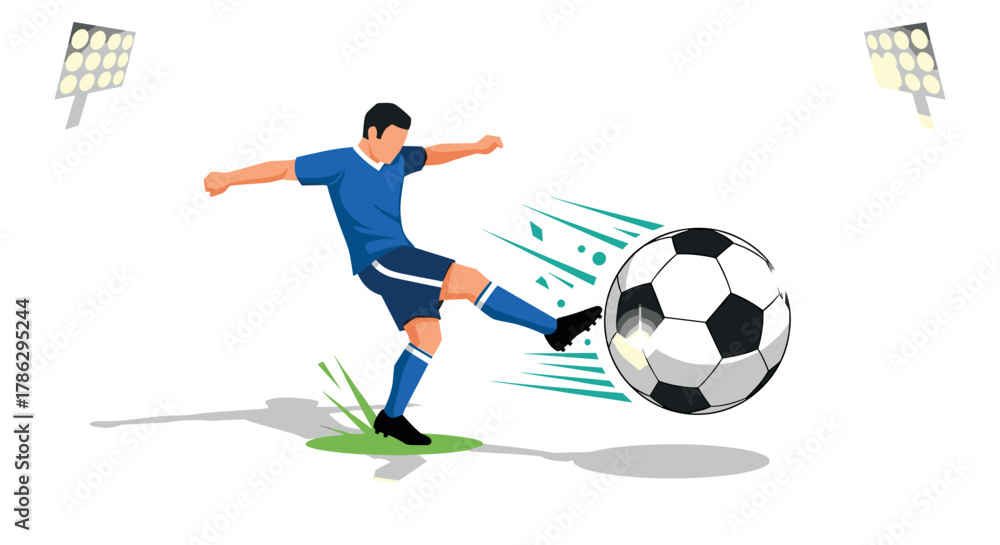 Obraz premium Dynamic soccer player kicking ball with stadium lights and motion effects