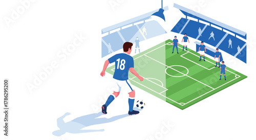 Isometric soccer match strategy with player on field and fans in stadium