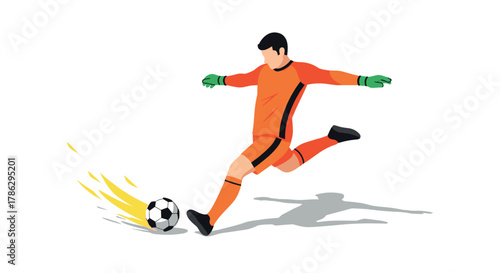 Dynamic soccer goalkeeper kicking ball in action with shadow