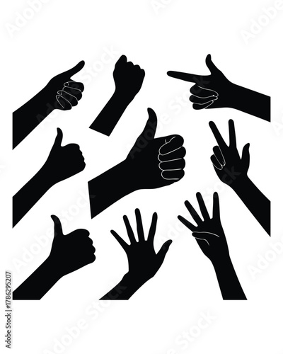 A collection of black silhouette hands displaying different gestures like thumbs up, pointing, and peace signs against a white background