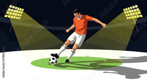 Soccer player dribbling under stadium lights in flat design
