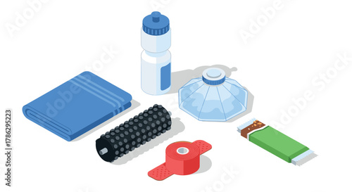 Isometric fitness essentials with yoga mat and energy bar in blue and green