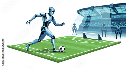 Futuristic robot playing soccer on modern stadium field