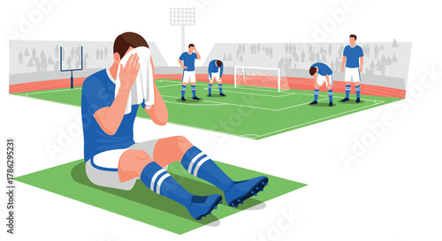 Depressed soccer team after loss on field in flat design style