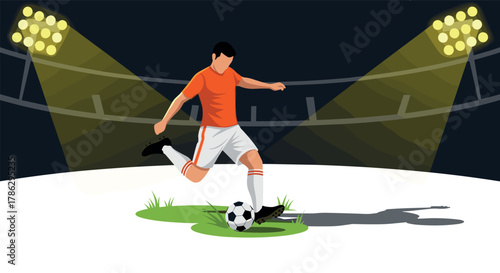 Dynamic soccer player on stadium field in dramatic spotlight