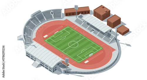 Isometric stadium: detailed 3d soccer and track arena with grandstands and buildings