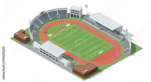 Isometric view of a modern sports stadium with running track and soccer field
