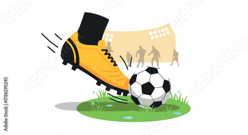 Dynamic soccer kick: vibrant football boot strikes ball on field with stadium silhouette