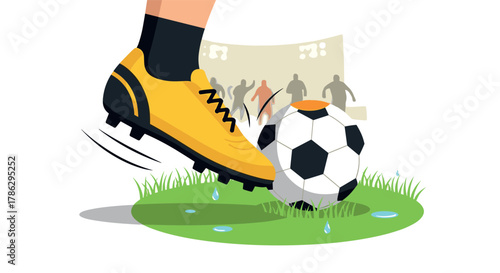 Football action with yellow cleats on grass field with stadium background