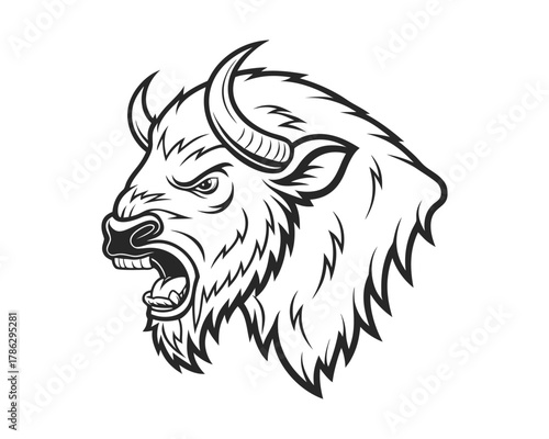 A powerful black and white illustration of a bison's head in profile, mouth open in a roar, conveying strength and aggression